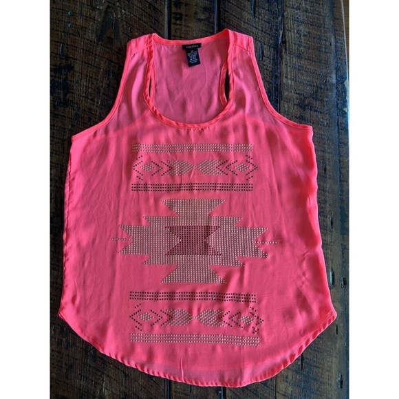 Bright hot Pink Sheer Tribal Aztec racer back Embellished Tank Top Size Medium - Picture 7 of 13